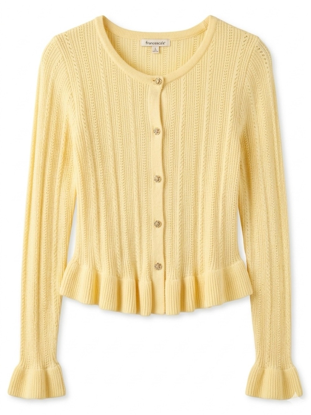Yellow "Emma Ruffle Cardigan" by Francesca's.